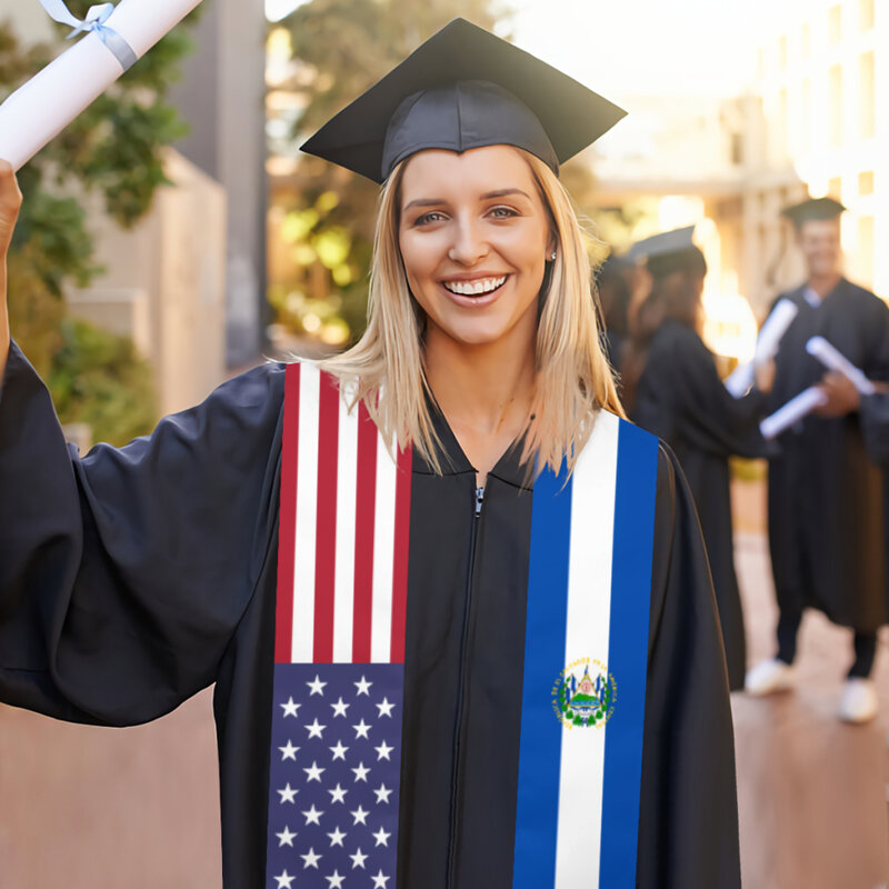 Faja de graduación El Salvador y Estados Unidos, bandera de Estados Unidos, estola, chales para graduados, envolturas de Scraf, regalos de orgullo internacional para estudiantes