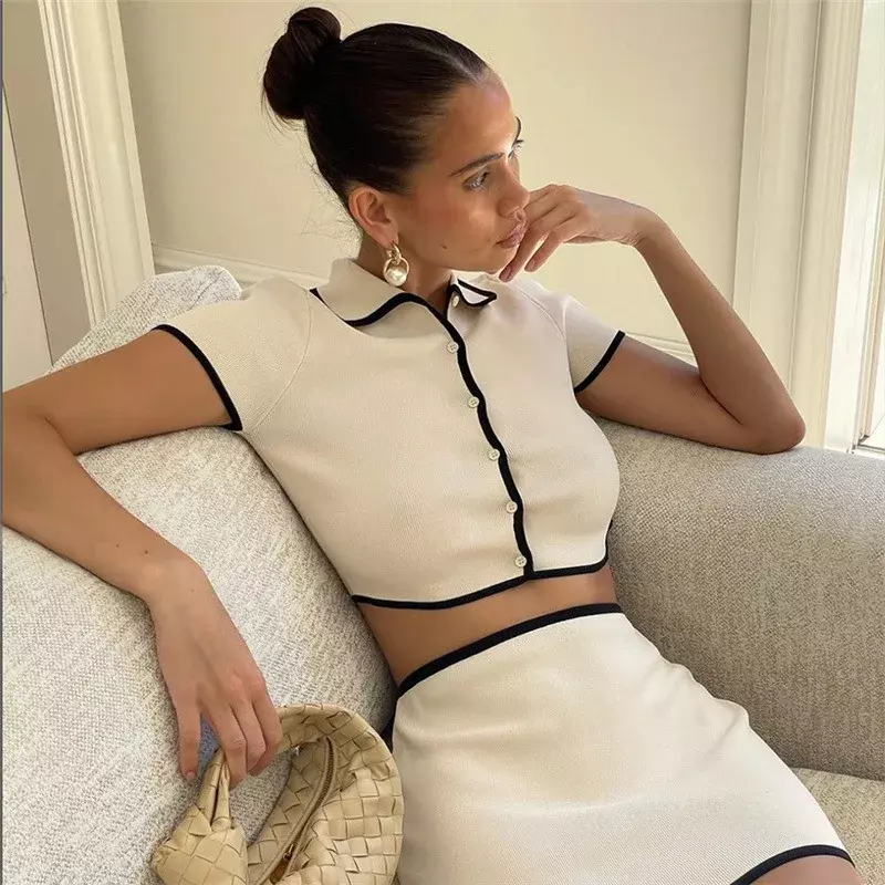 2024 Knit Sweater 2 Piece-Set Women Lapel Cropped Short Sleeve Cardigan And Mini Skirt Sets Female Knitwear Short Skirt Outfits