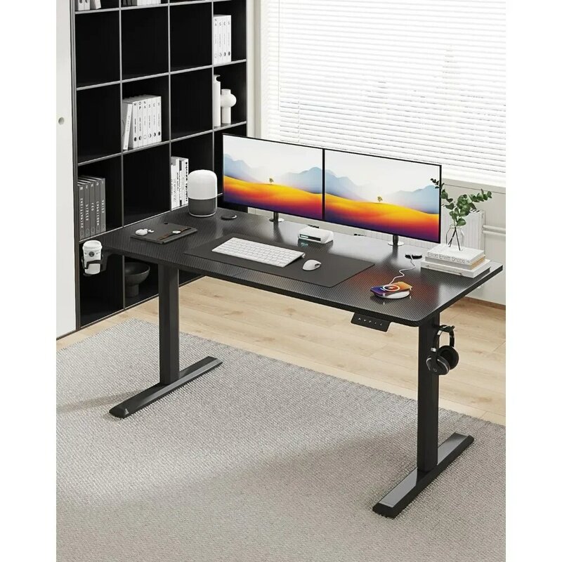 โต๊ะพับได้ไฟฟ้าปรับความสูงได้55นิ้วโต๊ะสำนักงานบ้านพร้อมที่วางหูฟังและถ้วย55 "สีดำค่าขนส่งฟรี