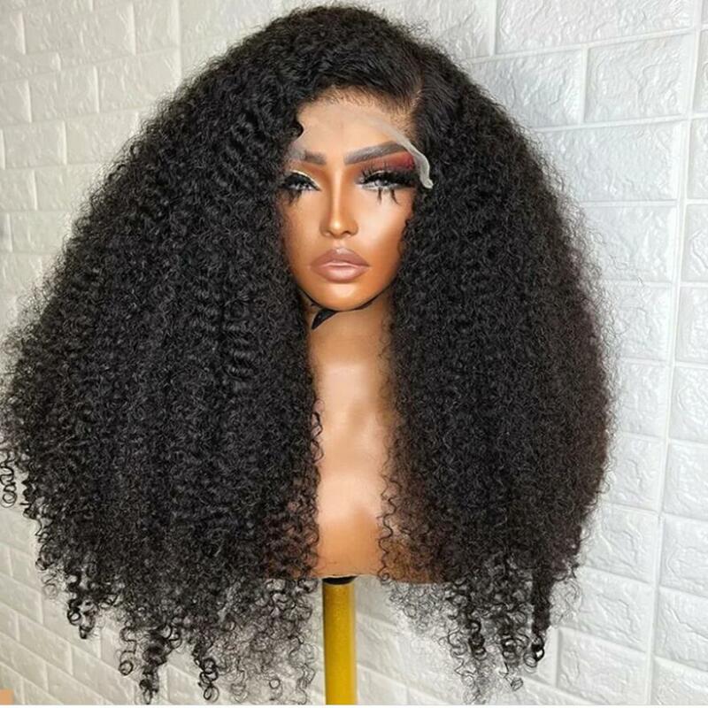 26inch Natural Black Soft Long Kinky Curly 180Density Deep Lace Front Wig For Women BabyHair Glueless Preplucked Heat Resistant