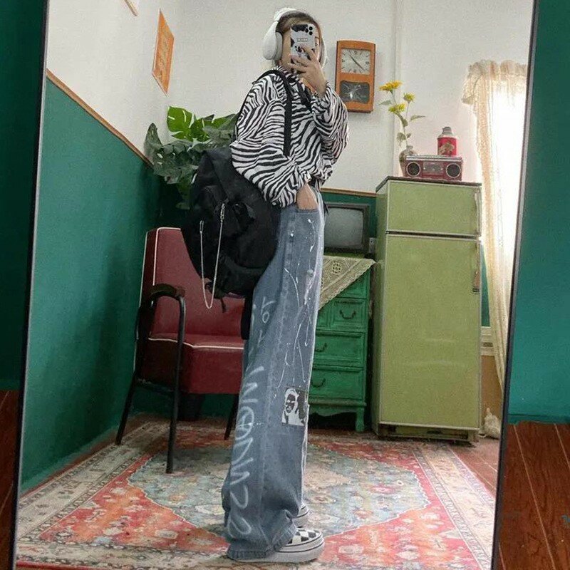 Jin motif lebar Jeans Denim antik perempuan mode Harajuku celana Jeans seperti hengintrouters Femme Jeans lurus musim panas Streetwear