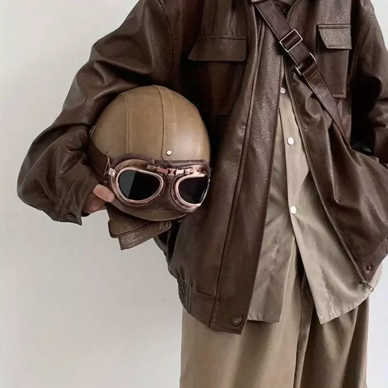 Jaket kulit motor pria, Bomber Retro longgar Pu mantel pendek kasual Jepang Streetwear multi-saku