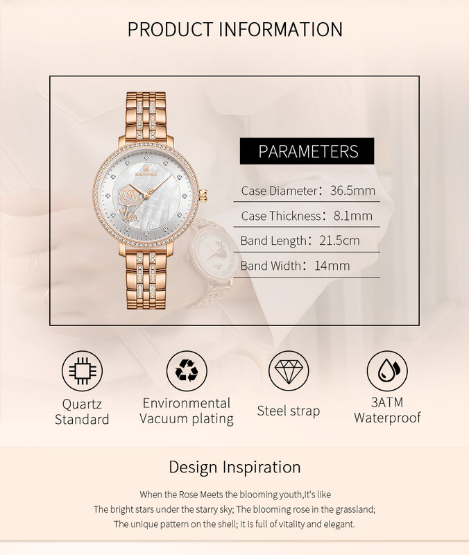 Naviforce-女性用ローズゴールド時計,クリエイティブなスチールブレスレット,耐水性,フェミニン