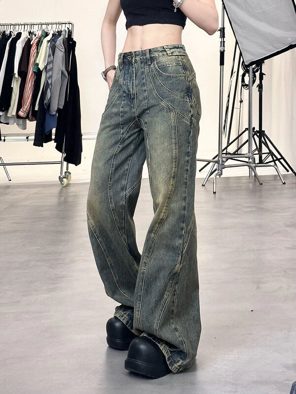 Calças jeans de perna larga, jeans de cintura alta, calça clássica, novo design, fino para espetáculo, coreano, tendência retrô, streetwear, moda