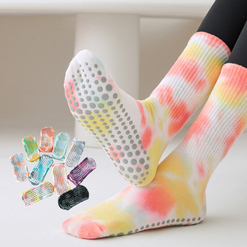 Yoga Socks Women Cotton Tie-dyed Silicone Non-slip Pilates Grip Crew Sock