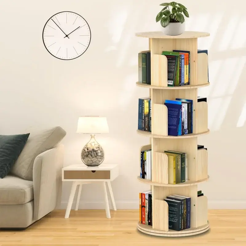 Menara rak buku berputar, tampilan 360 rak buku berputar 4 tingkat untuk anak-anak & dewasa, B