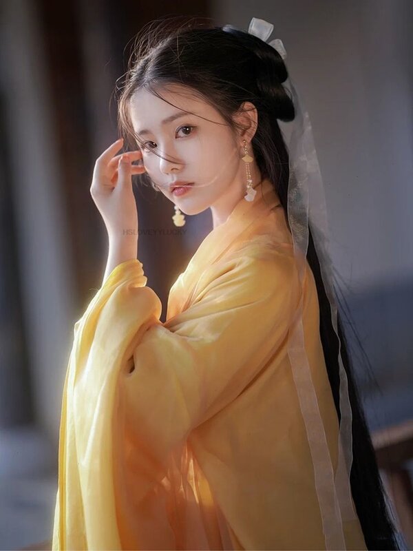 중국 노란색 고대 위진 스타일 우아한 와이드 소매 여성 요정 한푸 원피스, 중국 민속 무용 카니발 코스프레 코스튬
