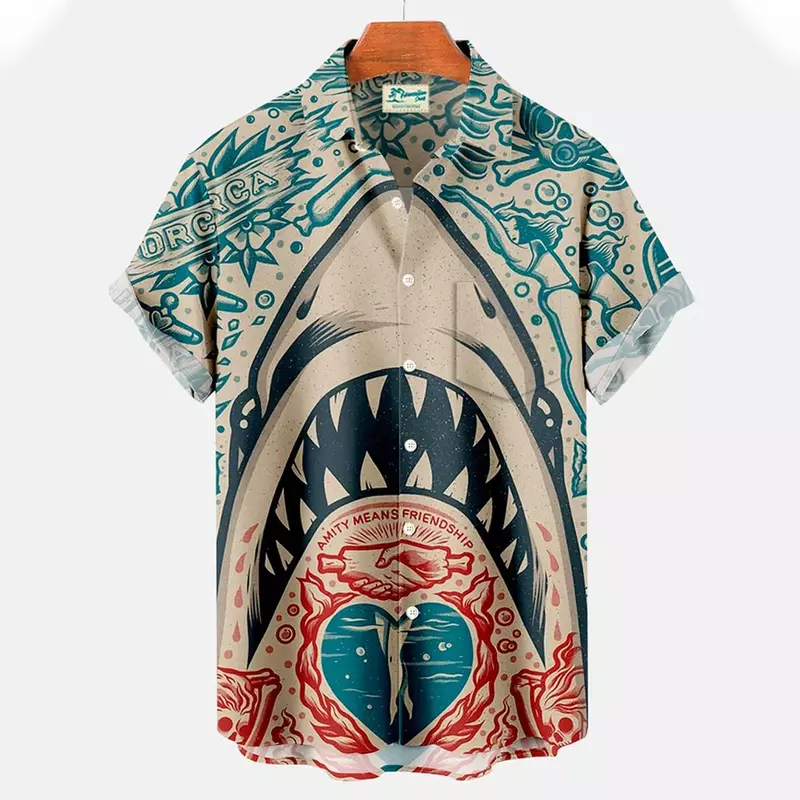 남성용 반팔 라펠 스트리트웨어 셔츠, 하와이안 상어 블라우스, 3D 동물 프린트 의류, 패션 단추, 신상