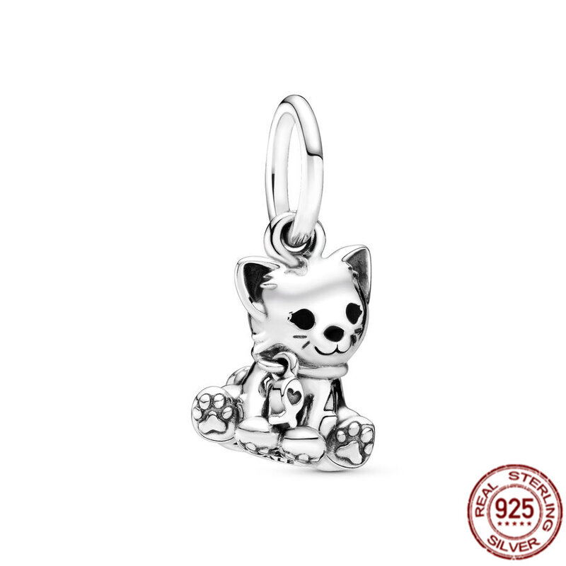 Authentic 925 Sterling Silver Pet Cat Dangle Charm Kitten Bead Fit Original Pandora Bracelet Necklace Jewelry For Women Gift