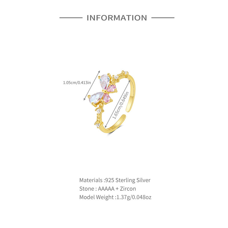 خاتم مفتوح قابل للتعديل من الفضة الإسترلينية للنساء ، القوس الوردي ، القلب ، القمر ، الزركون ، خواتم إصبع الزفاف ، هدايا المجوهرات