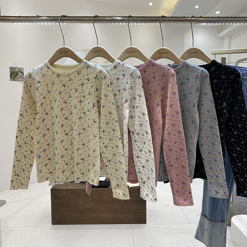 Camisola floral coreana para mulheres, pulôver solto, suéter básico de manga comprida, base retrô, outono e inverno, nova, 2024