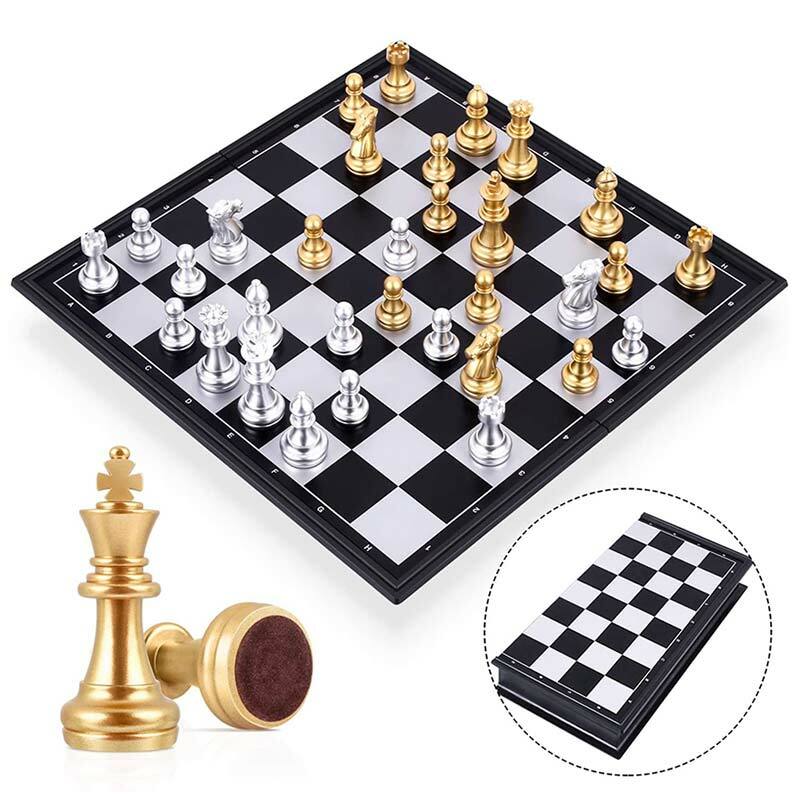 Set Catur Abad Pertengahan dengan Papan Catur Berkualitas Tinggi 32 Buah Catur Emas Perak Papan Magnetik Set Gambar Permainan Catur Szachy Checker
