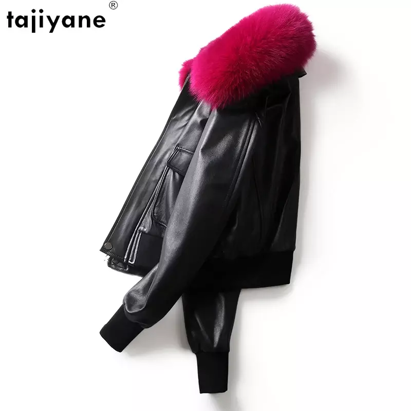 Tajiyane-jaqueta de couro feminina, pele de carneiro 100% genuína, casaco branco de pato gola de pele de raposa, jaquetas femininas