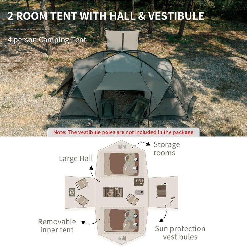 Naturehike Massif Hot Tent with Stove Jack, 4 Season Tent for 2-4 Person, UPF50+ Waterproof Windproof Winter Tent