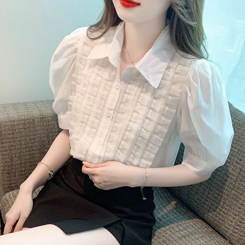 2024 Summer New Minimalist Solid Color Short Sleeved Chiffon Women Shirt French Casual Versatile Female Blouses
