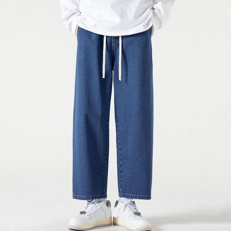 Jeans retrô de perna larga masculino com cordão, cintura elástica, tecido respirável macio, confortável