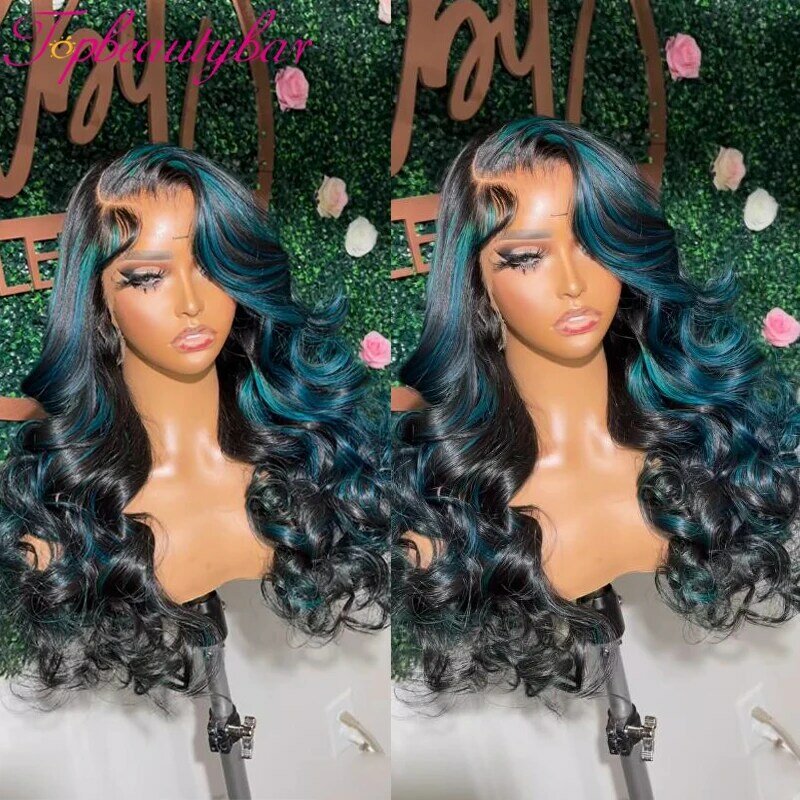 Highlight Blue Human Hair Wigs Transparent 13X4 Lace Front Wigs 180% Remy Brazilian Wavy Full Lace Wigs Preplucked