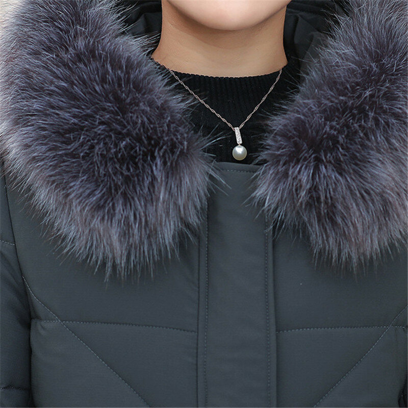 素敵なポップ到着女性の冬のジャケット毛皮の襟フード付きロングコートダウン綿パッド入り暖かいパーカーレディースパーカープラスサイズ5XL