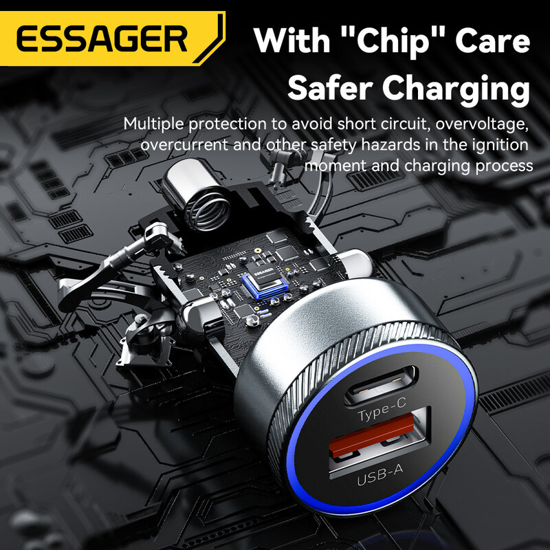 Essager 54W USB Car Charger 5A Fast Charing QC 3.0 PD 3.0 SCP AFC USB Type C Car Phone Chargers For iPhone Huawei Samsung Xiaomi
