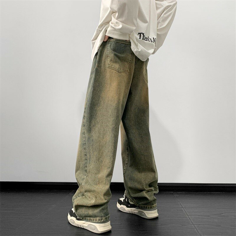 Celana Jeans pria, Jeans lurus longgar lelaki, celana Harajuku Vintage Biru Jean pakaian jalanan 2024