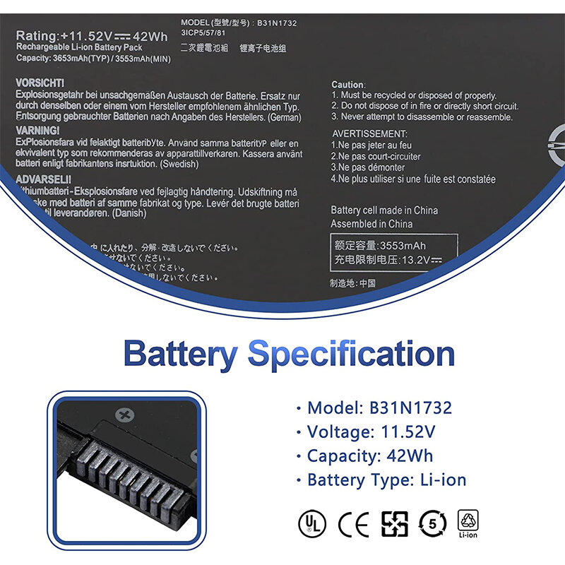 Damaite B31N1732 Bateria Para Asus VivoBook S14 S430FA S430FN S430UA X430UN X430UA X430FA X430UF X430FN X571G X571LH X571GT