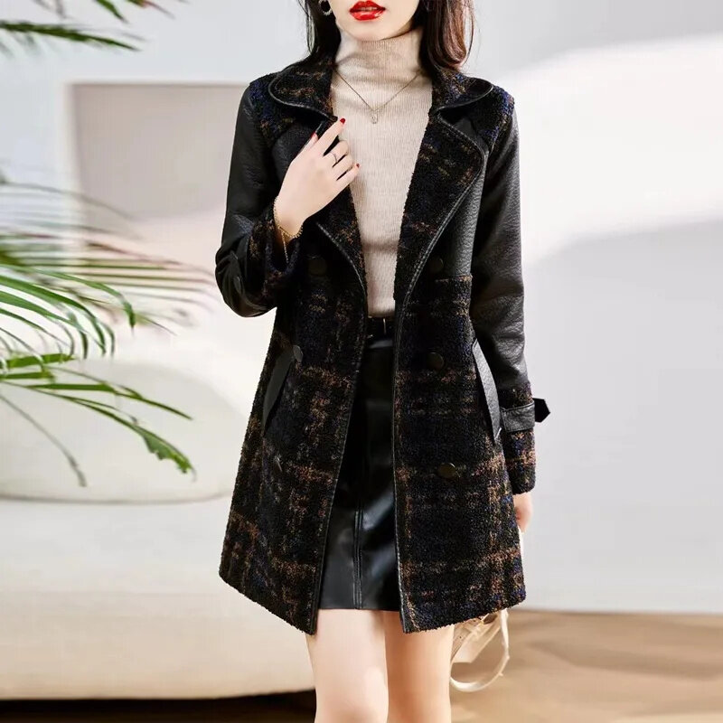 Mantel kulit PU wanita, tambah beludru tebal baru musim gugur musim dingin jaket panjang bulu satu kualitas tinggi atasan modis 2024