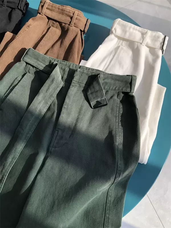 Celana Denim untuk wanita 2024 ikat pinggang dapat disesuaikan baru celana Vintage mode melengkung jahitan tenun pinggang tinggi