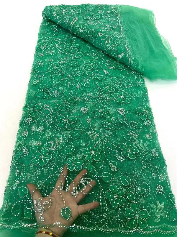 Kain renda manik-manik buatan tangan Nigeria mewah 2024 manik-manik berkualitas tinggi kain renda Prancis Afrika bordir untuk gaun