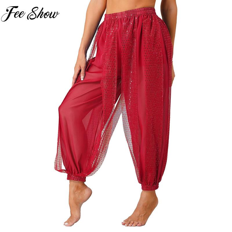 Womens Fashion Sequined Dots Chiffon Pants Belly Dance Stage Performance Trousers Elastic Waistband Semi See-Though Bloomers