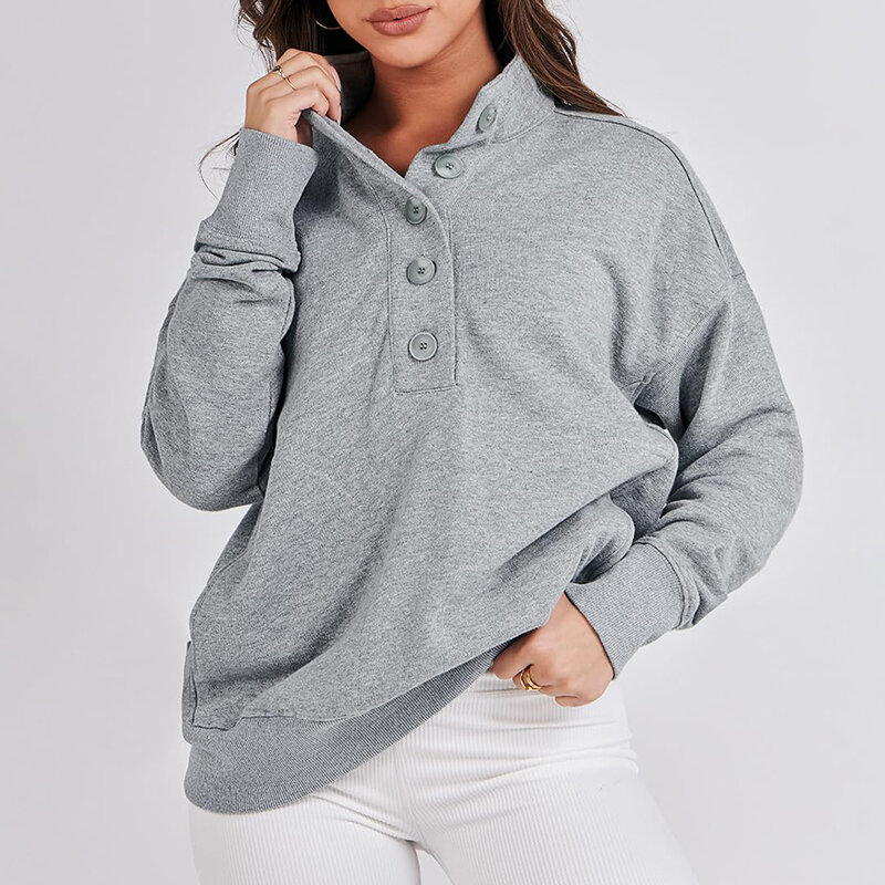 Sudadera informal con botones y bolsillos para mujer, suéter holgado de gran tamaño, Color sólido