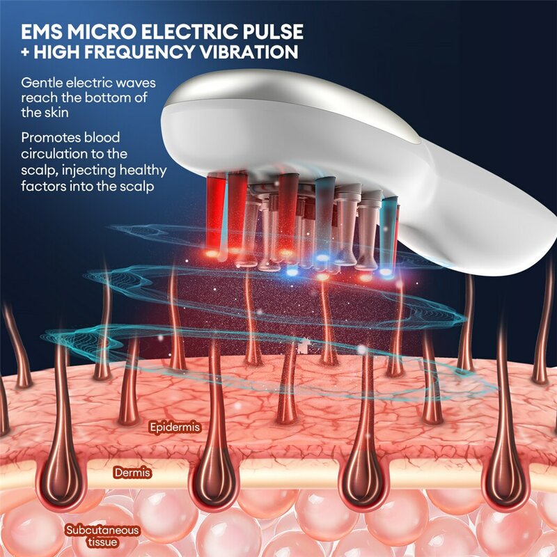 CkeyiN EMS Elektryczny grzebień do masażu Wibracje LED Niebieskie czerwone światło Terapia włosów Szczotka do masażu skóry głowy na porost włosów Przeciw wypadaniu włosów