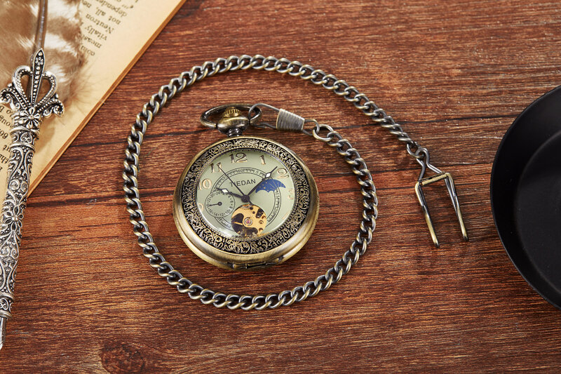TIEDAN-reloj de bolsillo mecánico para hombre, pulsera de lujo con esqueleto de bronce Retro antiguo, cadena, collar, negocios, Fob