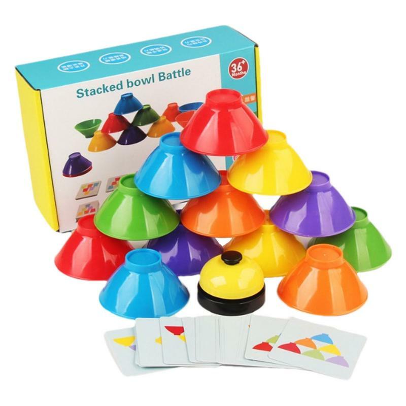 Tigelas de empilhamento para crianças, Montessori, Brinquedo Sensorial Aprendizagem, Jogo de empilhamento, 6 tigelas com sino, 25 cartas