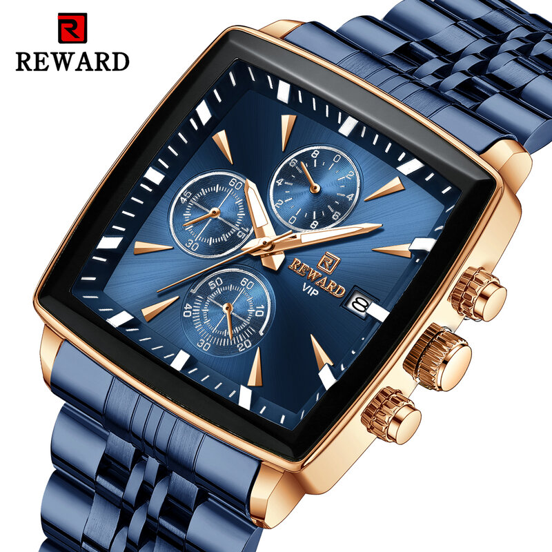 REWARD Men's Watches Blue Rectangle Quartz Wristwatches Luxury Business Watch Clock Luminous Hands Waterproof Clock Man