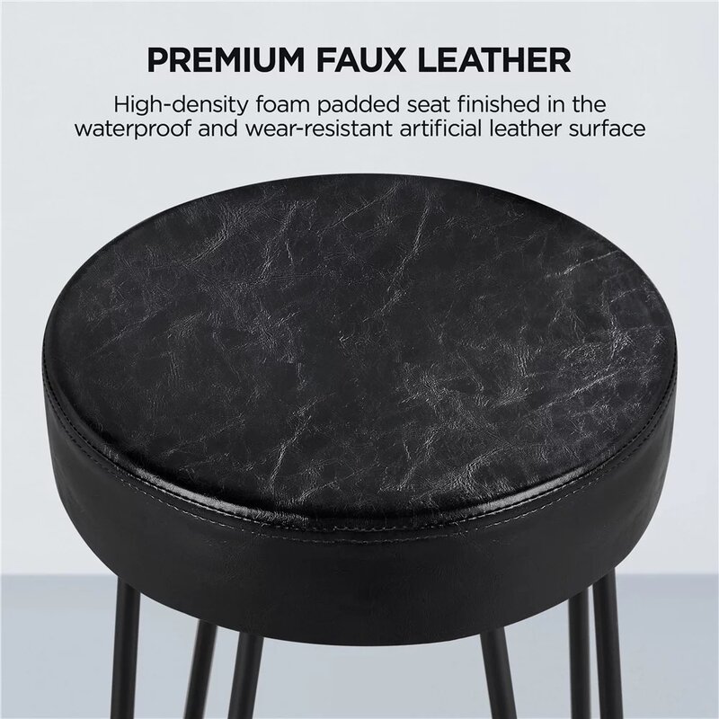 Faux Leather Counter Stools Kitchen Stools Round Backless Seat, Set of 2, Black
