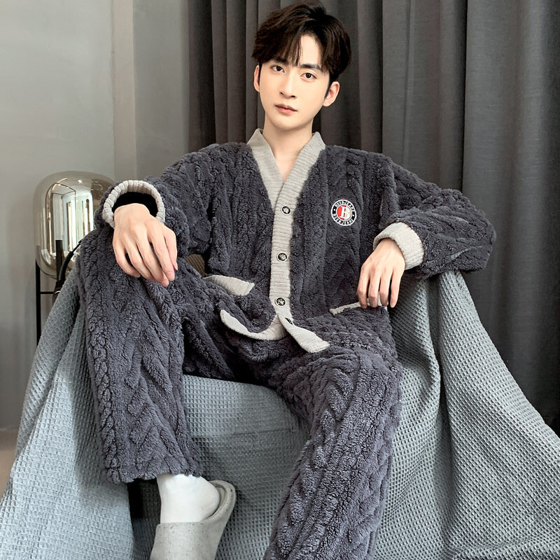 Winter Warm V-Neck Sleepwear For Men Autumn Flannel Men's Pajamas Coral Fleece Thickened Pajama Sets Solid Soft Warm Tops Lounge