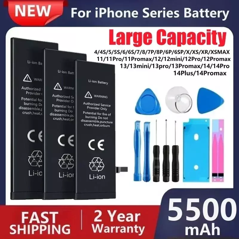 Batteria del telefono ad alta capacità per iPhone 5 SE 4 5 S 6 6s 6p 6sp 7 7p 8 Plus X Xr Xs Max 11 12 13 14 Pro batteria per Apple con strumento