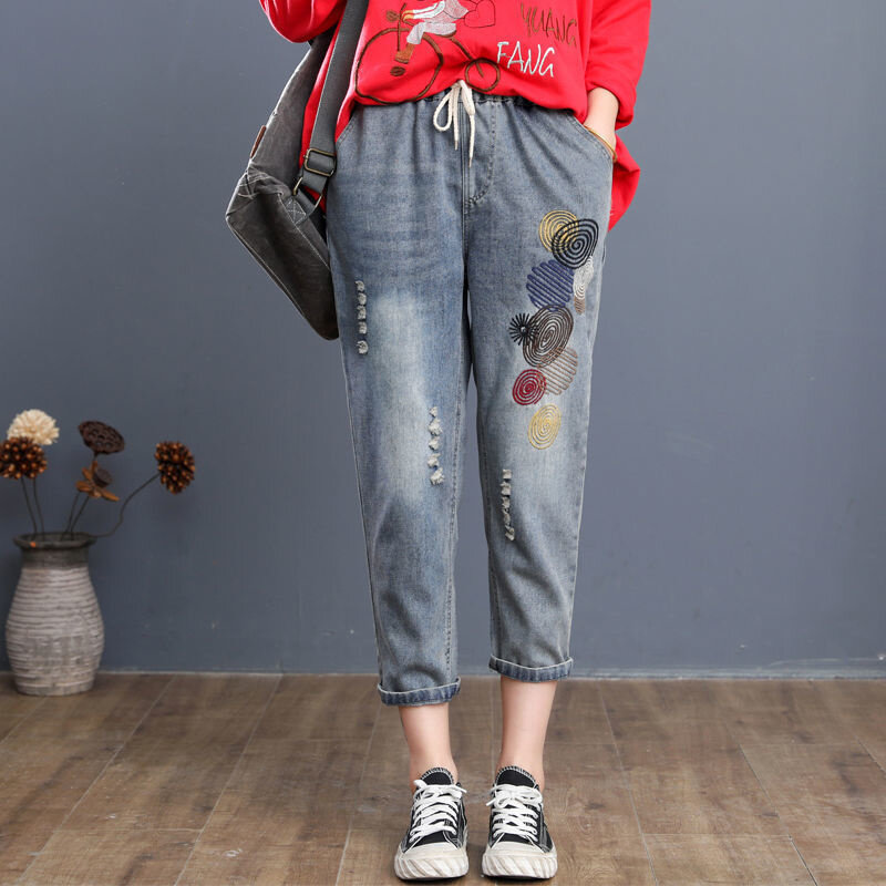 Pantalones vaqueros bordados Vintage para mujer, Vaqueros rasgados con agujeros, Capri, informales, de cintura alta