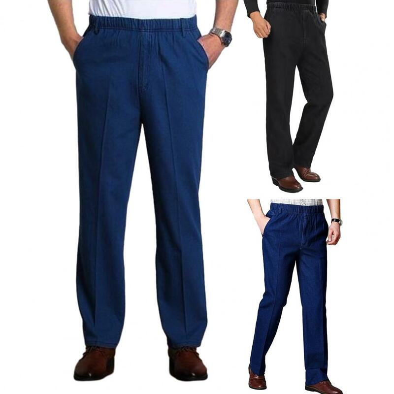 Wygodne dżinsy męskie w średnim wieku Slim Fit z elastyczną talią dżinsy z wysokim stanem kieszenie miękkie proste dla wygody