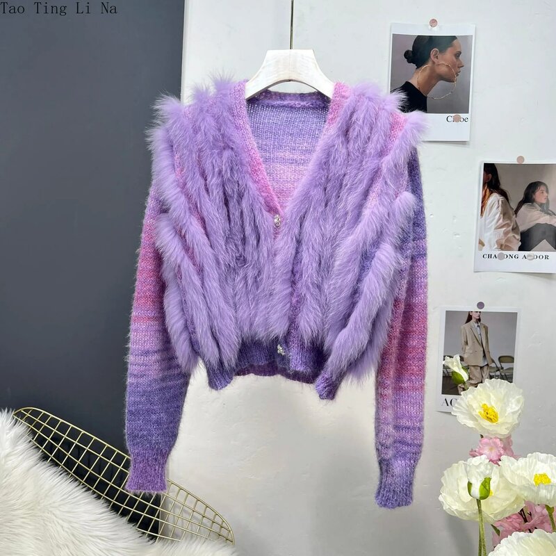 2023 Spring New Fox Fur Sweater Women Short Cardigan Coat H1