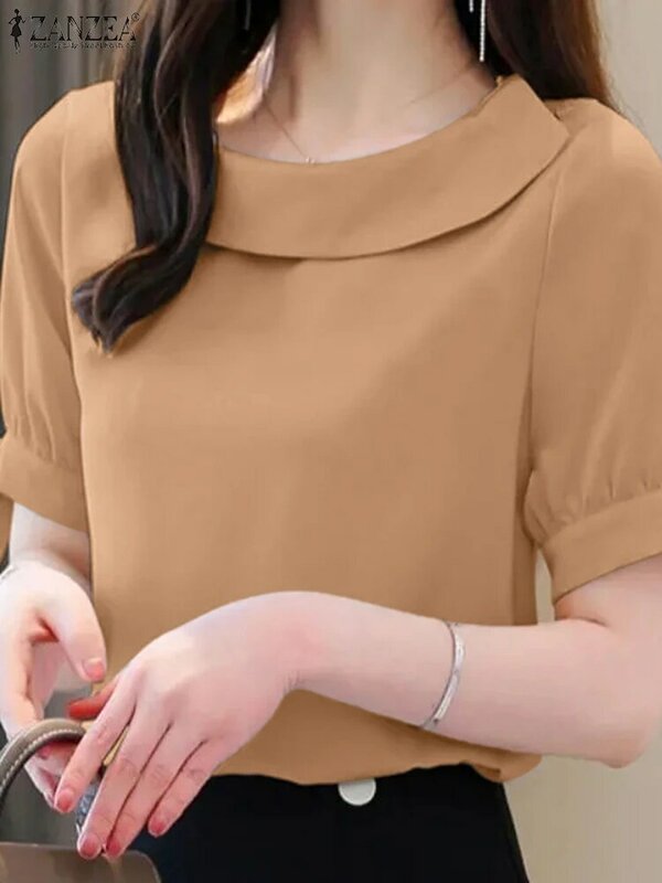 Летняя модная женская блузка ZANZEA, офисные рубашки с коротким рукавом, элегантные рабочие блузы, однотонная женская туника, топы, женская Свободная рубашка