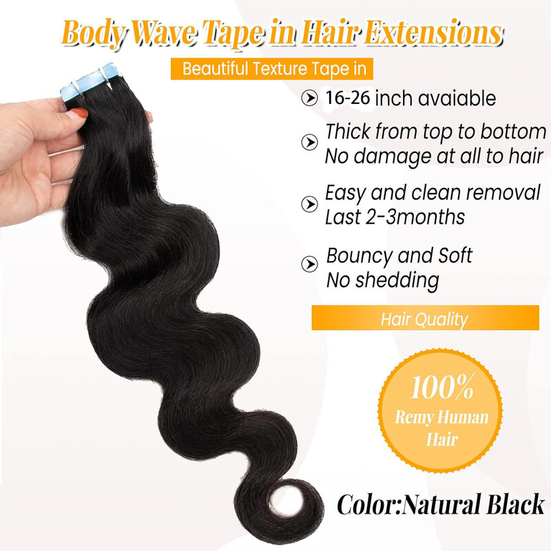 Body Wave Tape In Hair Extensions 16-26 Inch 20pcs 100% Real Human Hair Adhesive Glue in Extensions For Women Natural Color #1B