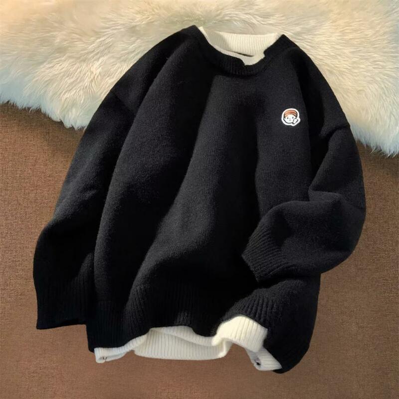 Suéter solto bordado unissex, pulôver preguiçoso com gola em O, tops longos para casal, tricô na moda, tops retrô para homens e mulheres