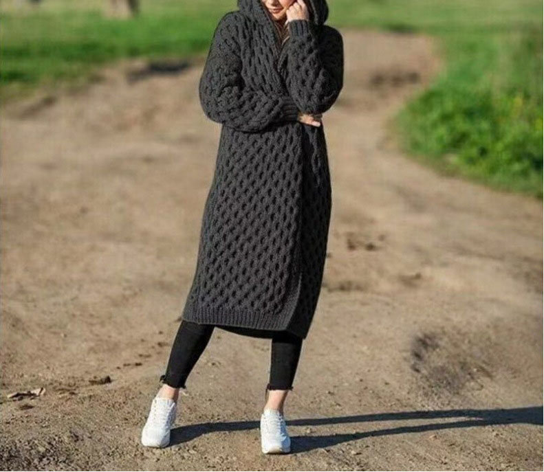 Autumn and Winter Coat for Women 2023 Fashion New Solid Color Long Knitted Sweater Hooded Cardigan Jacket