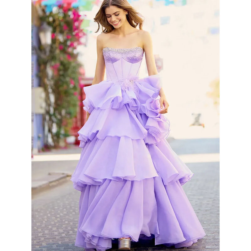Fashion gaun malam manik-manik gaun Prom Ruffles gaun Fromal Tierd gaun selebriti 2024 lantai panjang gaun pesta disesuaikan