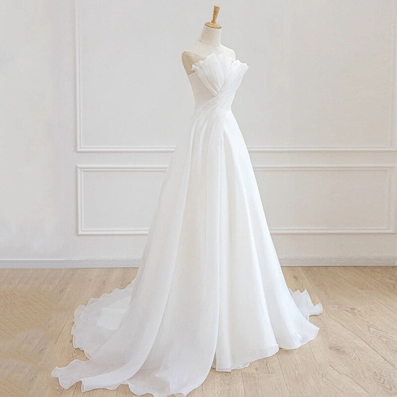 Luxury White Satin Chiffon Strapless Wedding Trailing Dresses for Bride 2024 Elegant Long Prom Evening Guest Party Women Dress