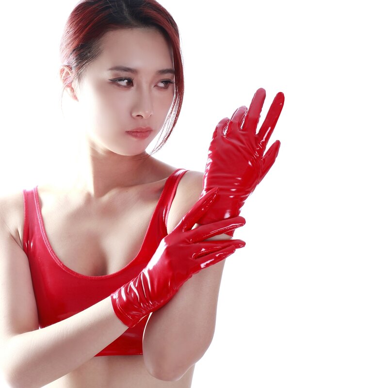 Ftshist Women's Shiny Long Gloves Faux Leather Wrist Length Gloves Latex Full Fingers Metallic Color PU For Halloween Costumes