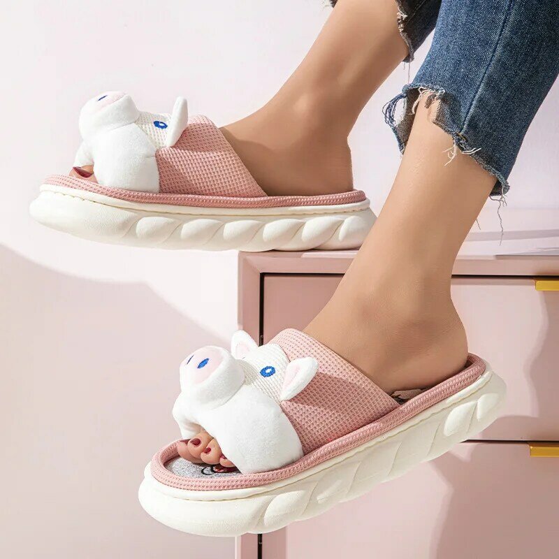 Chinelos bonitos de plataforma de porco para mulheres, sapato grosso de verão, chinelo de linho de algodão interior antiderrapante, corrediças de chão respirável, 2022