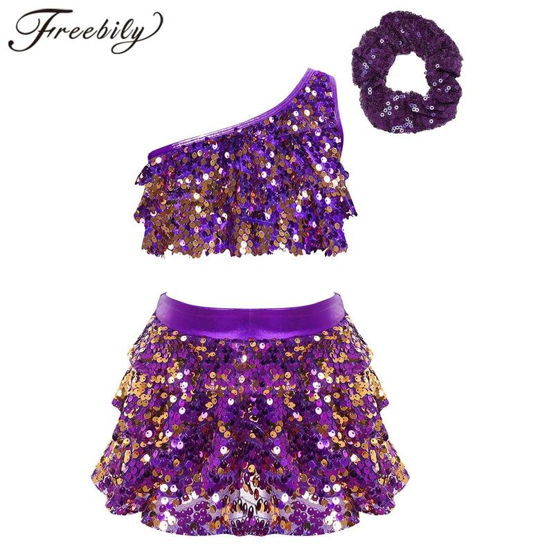 Kids Girls Stage Performance Jazz Dance Costume Two Pieces Party Outfit Dancewear One Shoulder Shiny Sequins Crop Top Shorts