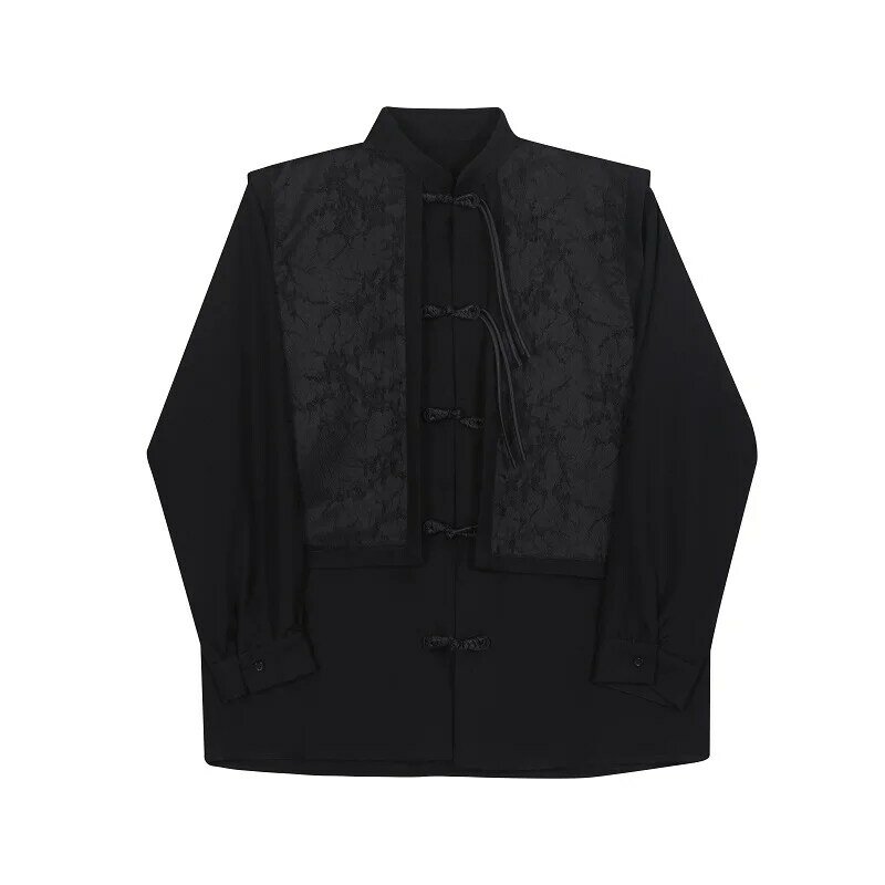 Chinese Style Buckle Stand Collar Fake Two-Piece Stitching Men's and Women's Shirt Retro Three-Dimensional Jacquard Coat